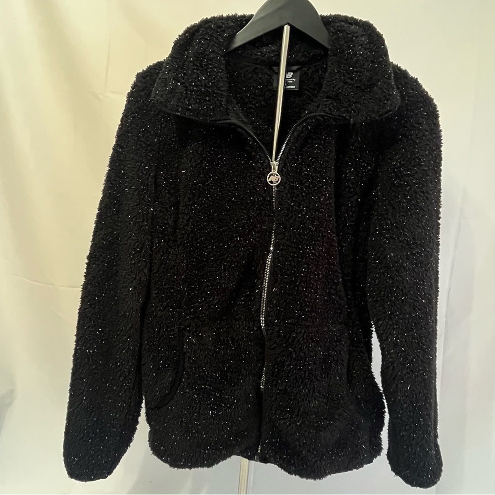 Black & Sparkle Fuzzy Zip-Up Fleece Jacket